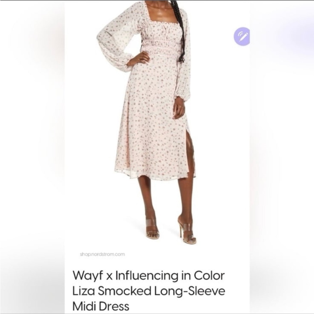 Wayf x Influencing in Color Liza Smocked Long-Sleeve
Midi Dress
Sz medium